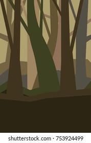 Forest without leaves in the dusk. Misty landscape. Cartoon vertical vector illustration of a night forest in fog.