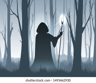 Forest Wizard. Dark Magician Old Man Silhouette In Forest Among Tree Trunks, Magic Wise Druid In Wooden Vector Illustration