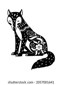 El estilo lobo del bosque negro decorado aisladamente. Boho de tatuajes vectoriales y mamífero de dibujo tribal, ilustración gráfica de la fauna salvaje del tótem negro