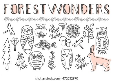 Forest wonders. Set with owls, palnts, fish, hare, dragonfly, mushrooms. Doodle vector illustration.