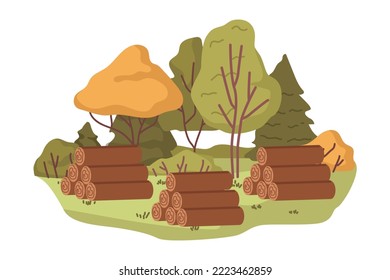 Bosque con trozos de madera, transporte y almacenamiento de troncos de árboles para calefacción y construcción. Desastre de deforestación, recursos naturales renovables. Vector de estilo plano