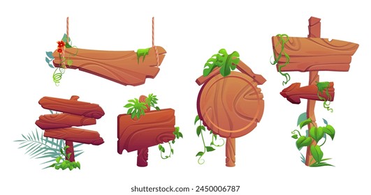 Forest wood sign board frame for game cartoon. Jungle wooden signboard ui vector icon. Tropic arrow billboard template with grass, vine and flower. Cute level label isolated interface element set