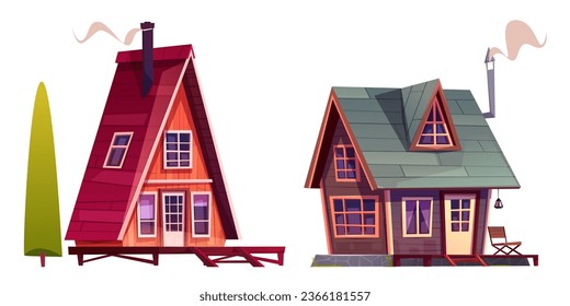 Forest wooden cabin house isolated cartoon vector set. Summer wood hut building on white background. Fantasy shack home icon for village. Rustic cottage drawing with porch, lodge, roof and door