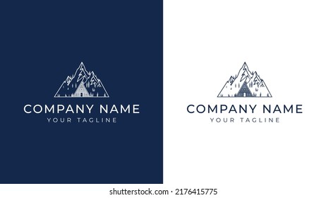 forest wooden Cabin with mountain logo icon and symbol.minimalist estate vector illustration