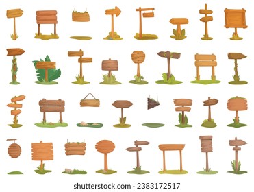 Forest wooden signboard icons set cartoon vector. Wood jungle sign. Forest frame panel