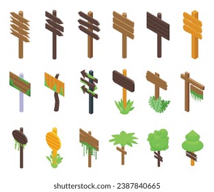 Forest wooden signboard icons set isometric vector. Wood sign. Frame tropical panel