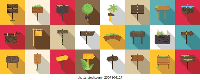 Forest wooden signboard icons set. Set of various wooden signposts showing different directions in nature, forest, jungle, desert, with grass, moss, wood, leaves, snow, ice, branch and lianas