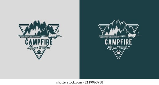Forest and wooden stick with marshmallows for camping. Tree landscape for design of travel camp. Design of wanderlust and adventure