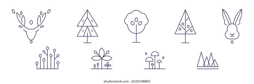 Forest and Woodland Nature Line Icon and Element Vector Set