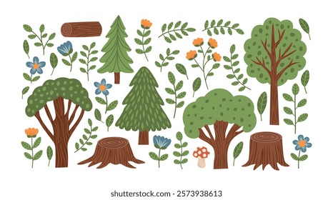 Forest woodland woods elements set. Trees, branches, stumps, flowers, leaves, grass and mushrooms. Botany collection. Vector illustration. 