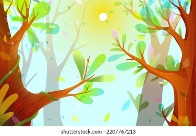 Forest or woods branches with leaves in spring, wallpaper for children with trees and sunny weather. Kids forest scenery background in watercolor style. Vector graphics landscape.