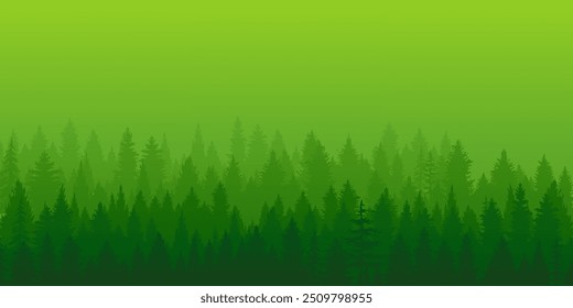 Forest woods foggy misty scene green background pine trees light night nature vector illustration banner poster cover wallpaper