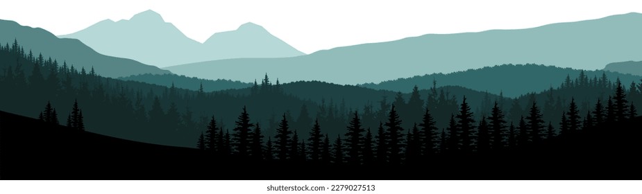 Waldhügel-Berge Gipfel Vektorgrafik-Banner Natur Abenteuer Reise-Landschaft Panorama - Grüne Silhouette aus Fichte und Tannen einzeln auf weißem Hintergrund

