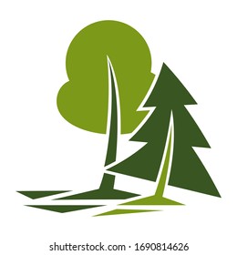 Forest or woods isolated icon, tree and bush, ecology and clean environment vector. Trunk and leaves or foliage crown, greenery and green area. Plants growing and protection, earth saving, eco emblem