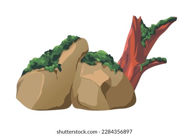 Forest or woods scene, isolated stone grown with moss. Massive rocks with fallen tree trunks, botany, and vegetation of park. Damp and moist habitat for wild vegetation. Vector in flat style