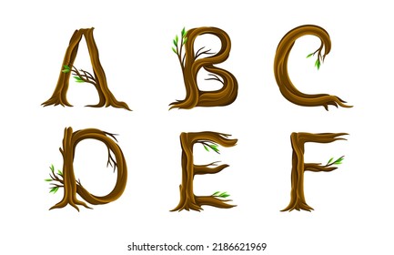 Forest woody alphabet. A,B,C,D,E,F letters made of bent tree branches vector illustration svg