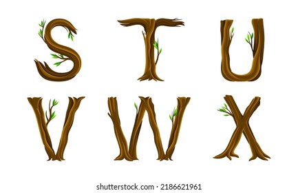Forest woody alphabet. S,T,U,V,W,X letters made of bent tree branches vector illustration svg