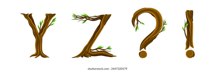 Forest Woody Alphabet Uppercase Brown Letter with Branch Vector Set