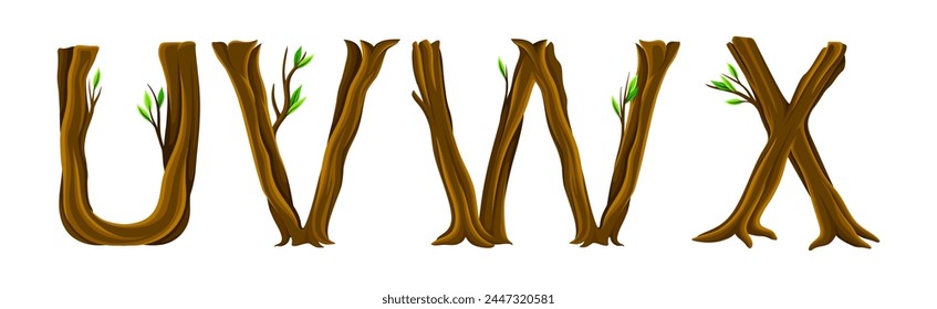 Forest Woody Alphabet Uppercase Brown Letter with Branch Vector Set