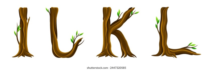 Forest Woody Alphabet Uppercase Brown Letter with Branch Vector Set