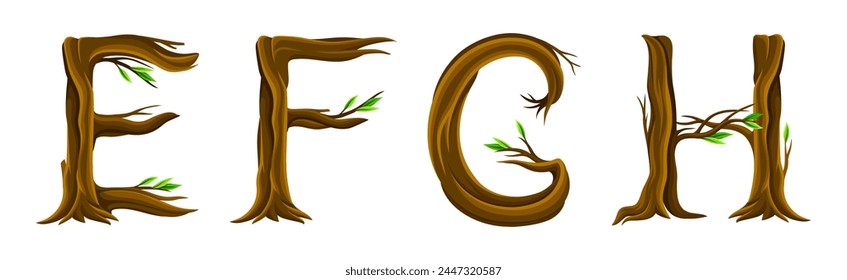 Forest Woody Alphabet Uppercase Brown Letter with Branch Vector Set