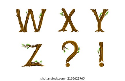 Forest woody alphabet. W,X,Y,Z letters and punctuation marks made of bent tree branches vector illustration