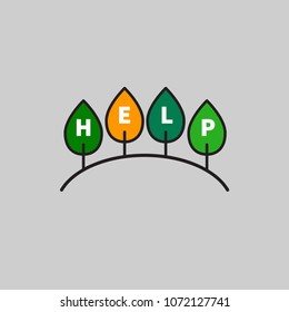 Forest with word help on trees, park, reserve. Vector illustration