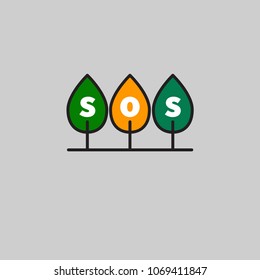 Forest with word sos on trees, park, reserve. Vector illustration
