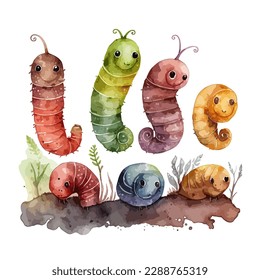 forest and yellow, red, blue and green worms, caterpillar. Seamless background with a pattern. Fashionable