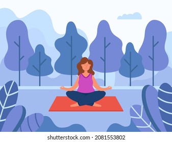 Forest yoga of woman and meditation in summer nature. Girl meditating on mat in lotus pose, bathing in fresh air and energy flat vector illustration. Wellness therapy, awareness, sport concept