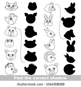 Forest zoo animals faces set to find the correct shadow, the matching educational kid game to compare and connect objects and their true shadows, simple gaming level for preschool kids.