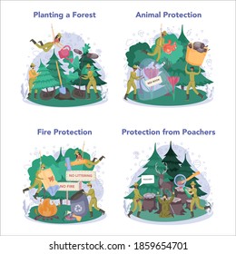 Conjunto de conceptos de los bosques. Protección y rehabilitación de la madera. Los guardabosques cuidan de los animales, evitan los incendios y la caza furtiva. Ilustración vectorial plana aislada