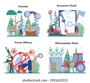 Conjunto de conceptos de los bosques. Protección y rehabilitación de la madera. Los guardabosques cuidan de los animales, evitan los incendios y la caza furtiva. Ilustración vectorial plana aislada