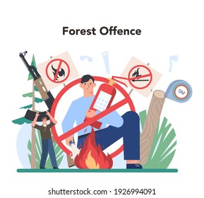 Concepto de silvicultura. Protección y rehabilitación de la madera. Los guardabosques cuidan de los animales, evitan los incendios y la caza furtiva. Ilustración vectorial plana aislada