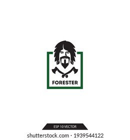 Forester logo. Male forester and axes. Forest guard emblem. 