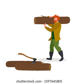 Forester, lumberjack. A man with a log on his shoulder. Well suited for camping, relaxing in the forest.