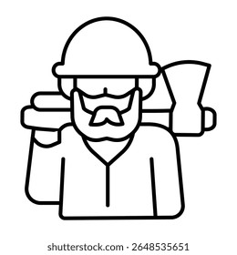 Forester man with beard face and axe thin line icon, forest industry concept. Vector graphics. Wood worker avatar, firewood sign on white background, style mobile or design