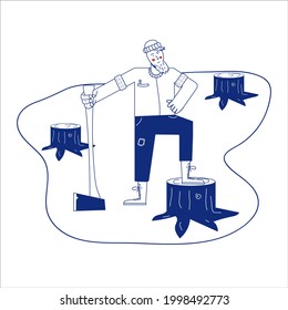 vector de icono de boceto de hombre forestal. Señal del hombre de la línea del doodle azul dibujada a mano. ilustración de símbolo aislado