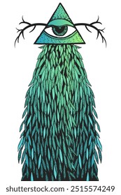 Forester monster in a suit with feathers. An eye in a pyramid, a sacred image. Freehand drawing.