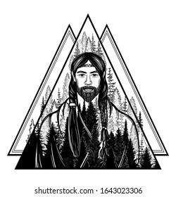 Forester on the background of the trees in the geometric frame.