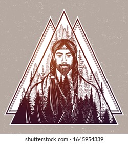 Forester on the background of the trees in the geometric frame.