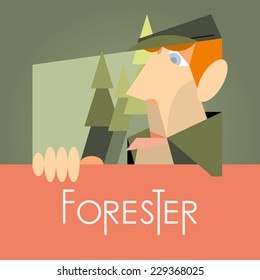 Forester on the background of trees, on a green background.