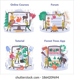 Forester online service or platform set. Wood protection and rehabilitation. Forest ranger taking care of nature. Online course, forum, tutorial, application. Isolated flat vector illustration