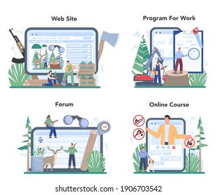 Forester online service or platform set. Wood protection and rehabilitation. Forest ranger taking care of wildlife. Online forum, course, website. Isolated flat vector illustration