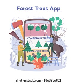 Forester online service or platform. Wood protection and rehabilitation. Forest ranger taking care of nature. Application. Isolated flat vector illustration