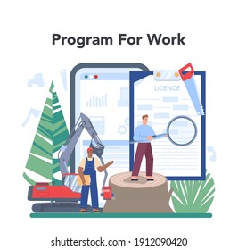 Forester online service or platform. Wood protection and rehabilitation. Forest ranger taking care of wildlife. Online program. Isolated flat vector illustration