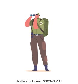 Forester Ranger Character Holding Binoculars, Scanning The Forest. Keeping Watch For Wildlife And Potential Hazards