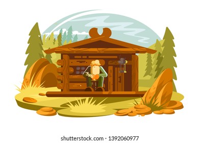 Forester auf Veranda, Vektorgrafik. Cartoon alter Mann mit grauem Bart in der Nähe des Holzhauses flach Konzept. Pinienwaldlandschaft