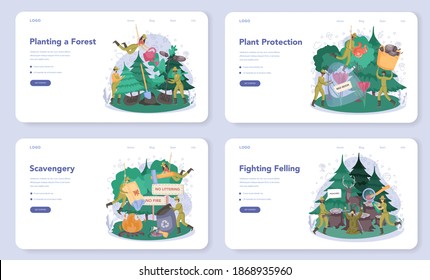 Forester web banner or landing page set. Wood protection and rehabilitation. Forest ranger taking care of animals, preventing wildfires and poaching. Isolated flat vector illustration