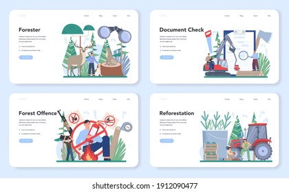 Forester web banner or landing page set. Wood protection and rehabilitation. Forest ranger taking care of animals, preventing wildfires and poaching. Isolated flat vector illustration